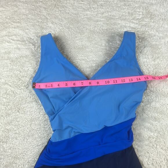 L.L. Bean UPF 40 blue faux wrap one piece swimsuit, size 8 - Picture 6 of 8